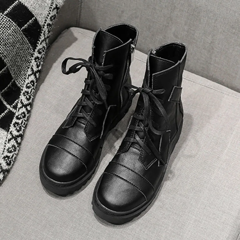 [DEAT] Round Toe Bandage Spliced Causal Personality Pu Leather Single Women Short Boots New Autumn Winter Fashion 10E951