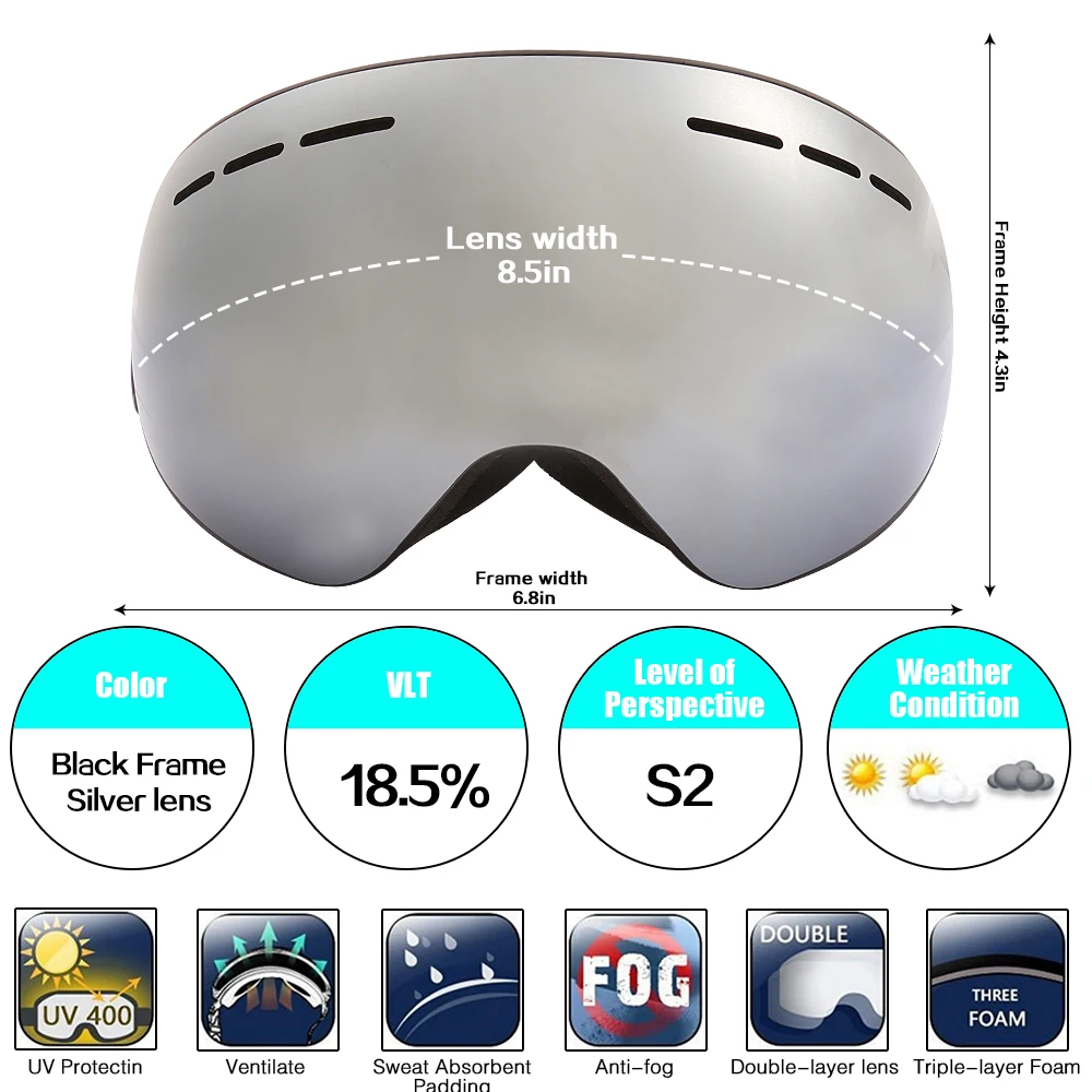 Jiepolly лыжные очки с анти-туманными магнитными линзами сферическая Лыжная маска с большим видением очки лыжные очки для катания на коньках для женщин и мужчин - Цвет: Silver Lens