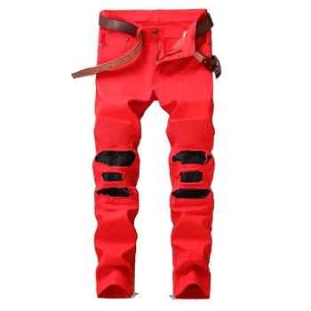 

Mcikkny Men's Ripped Pleated Jean Pants Washed Patchwork Motorcycle Denim Trousers Fashion Designer Male Streetwear Pants