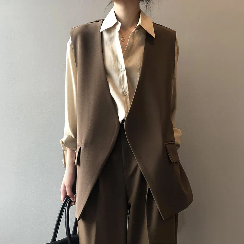 

2022 Spring Women's Suit Vest Korean Fashion V-Neck Sleeveless Loose Back Split Outer Jacket Cardigans Quilting Outerwear 80089