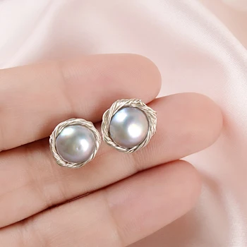 

CR-78 Handmade Real 925 Sterling Silver Stud Earrings for Women Natural Freshwater Pearl Jewelry Gift