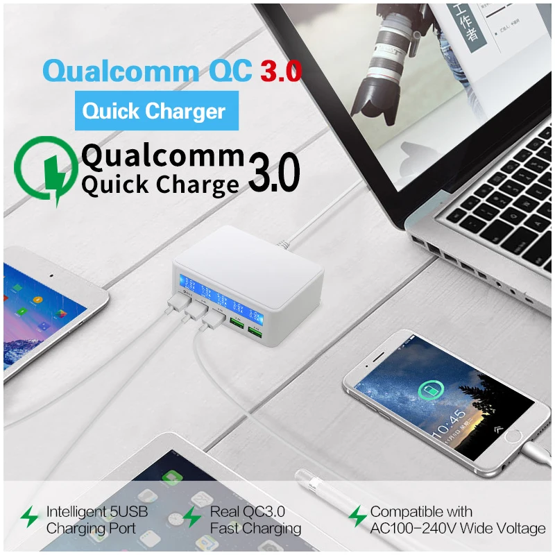 QC3.0 Smart Quick Charge 5 портов USB светодиодный дисплей Мобильный телефон зарядное устройство Быстрая зарядка стены для iPhone Xiaomi samsung huawei