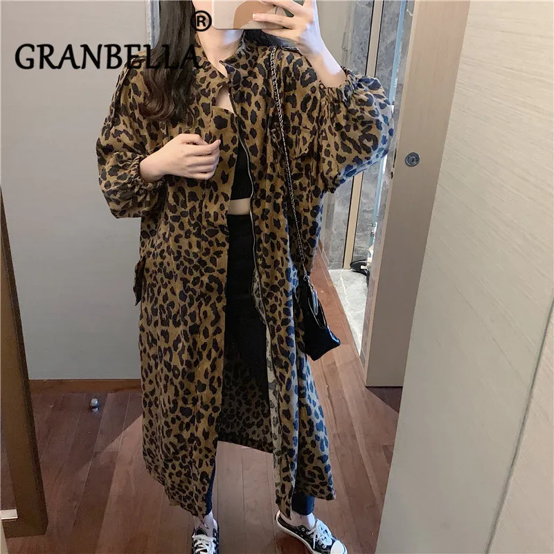 

Ladies spring autumn long-sleeved sexy leopard print slim trench coats casual mid-length women's windbreaker outwear