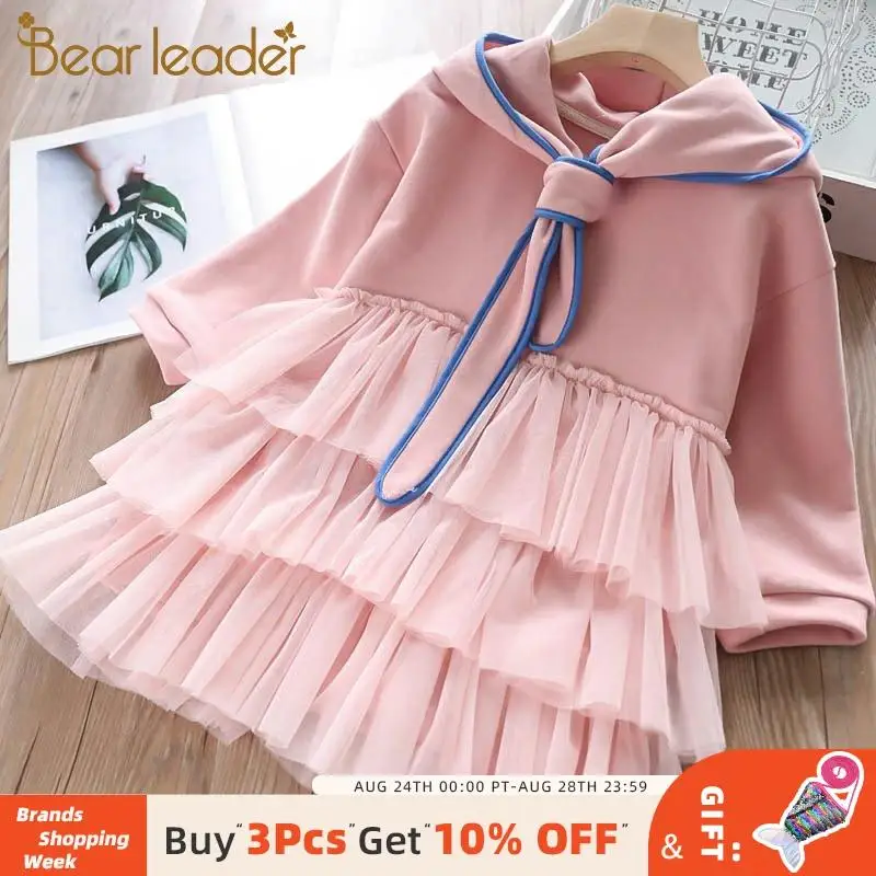 Bear Leader Girls Dresses New Spring Girl Princess Dress Long Sleeve Sweet Bow Tie Collar Kids Hooded Children Clothing | Детская одежда