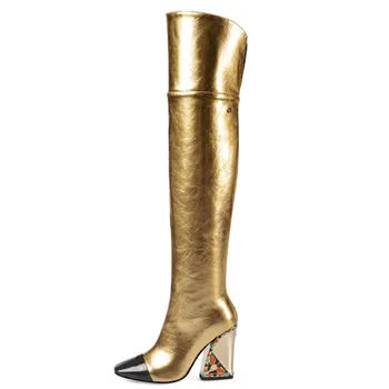 

Women's Leather Over The Knee Boots Fashion Mixed Colors Golden Black High Heels Leisure Rhinestone Strange Style Platform Shoes