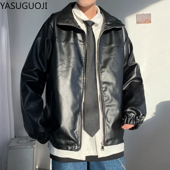 

YASUGUOJI Men Spring Black Soft Faux Leather Jacket 2020 Mens Hip Hop Jacket Leather Male Oversize Streetwear loose Clothes