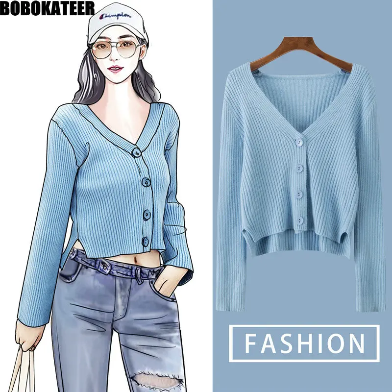 

BOBOKATEER Korean Style Casual V neck Yellow Knitted Cropped Cardigan Women Sweater Female Clothes Pull Femme Tops Fall 2019