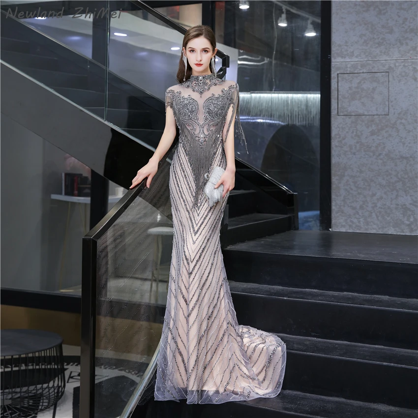Champagne Grey Роскошное вечернее платье с бисером, женское элегантное высококачественное платье с кисточками и коротким рукавом, Стильное вечернее платье - Цвет: Champagne Grey