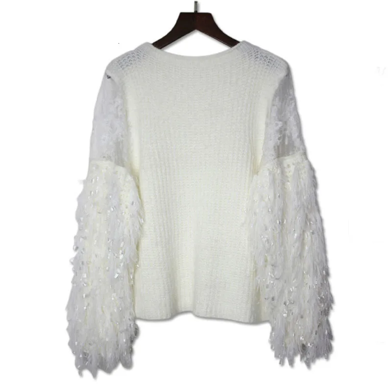 [EWQ] Новинка Осень Весна Длинный рукав круглый воротник свитер кружева сплайсинга Пуловеры с бахромой эластичный женский модный тренд OC366