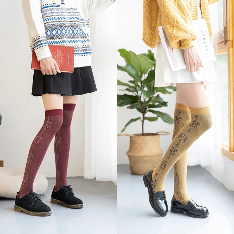 Индивидуальные женские высокие носки, женские гольфы, трендовые чулки с цветочным принтом, хлопковые дышащие женские носки с двойной иглой