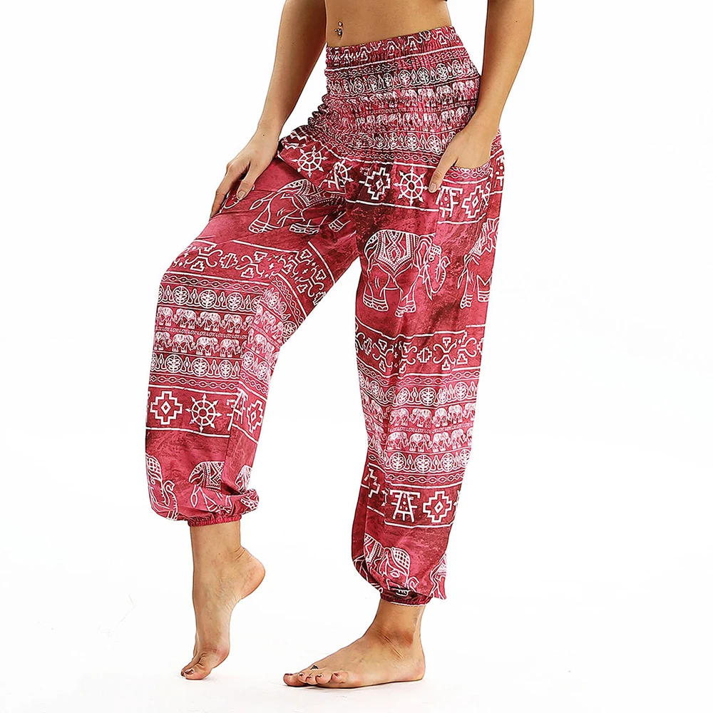 

Women's Thai Elephant Floral Print Harem Pants. Hippie Elastic Waist Boho Beach Smocked Waist Yoga Pants