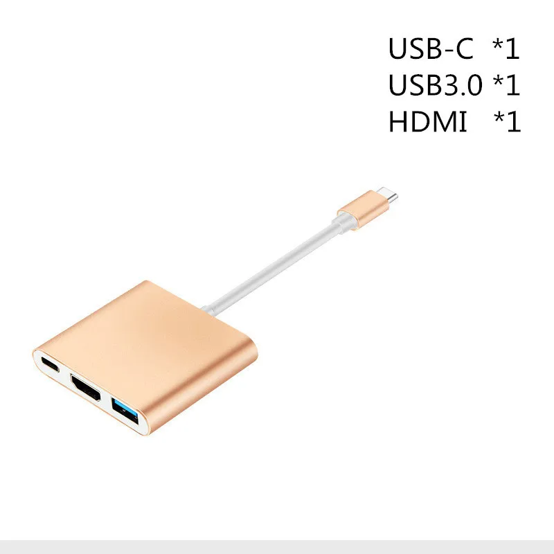 3-в-1 USB3.0 док-станция C-type HDMI концентратор USB адаптер для ноутбука MacBook смартфон расширение USB-C конвертер HDMI - Цвет: Gold