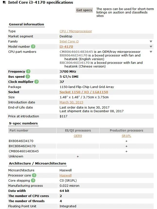 Процессор Intel Core i3-4170 3,7 GHz Quad-Core SR1PL 55W LGA 1150 i3 4170 cpu, протестированный рабочий