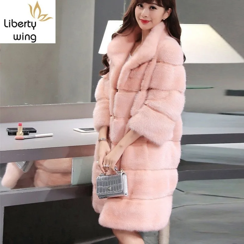 

2020 New Winter Woman Jacket Fashion Stand Collar Faux Mink Fur Coat Elegant Slim Fit Party Long Outwear Female Plus Size S-4XL