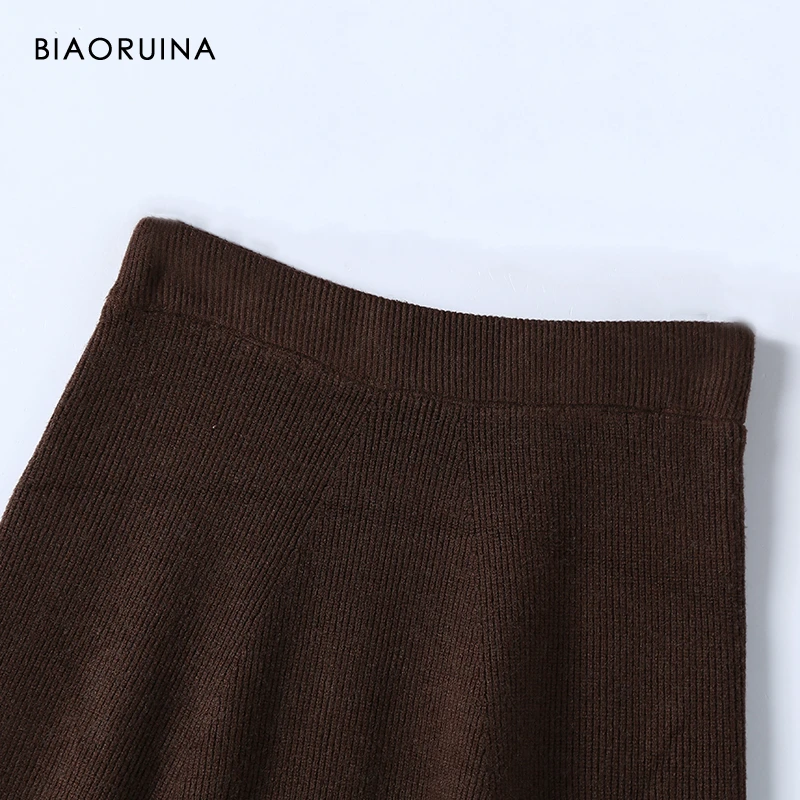 BIAORUINA, Женская однотонная элегантная трапециевидная трикотажная юбка до середины икры с кисточками, Офисная Женская эластичная юбка с высокой талией, плотные теплые юбки