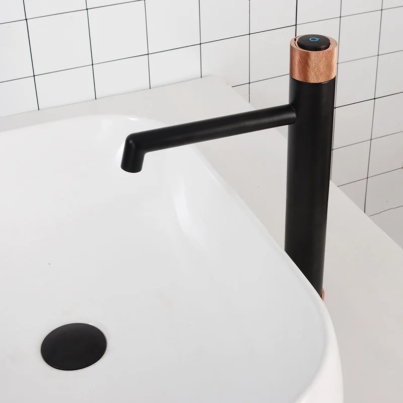 Matt Black+Rose Gold Knurling Press Handle Bathroom Basin Faucet Deck Mounted Hot And Cold Water Mixer Tap Tall Style and short - Цвет: Tall