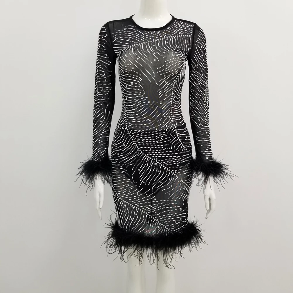 Top Quality Ladies Sexy Long Sleeve O Neck Diamonds Sparkly Women Dress 2019 Designer Evening Party Dress Vestido
