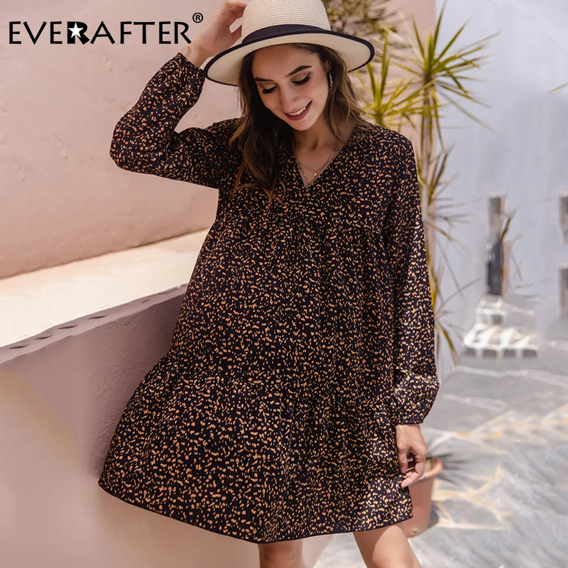

EVERAFTER Bohemian dot print women dress vintage ruffled loose ladies autumn dress long sleeve v-neck holiday mini dresses 2020