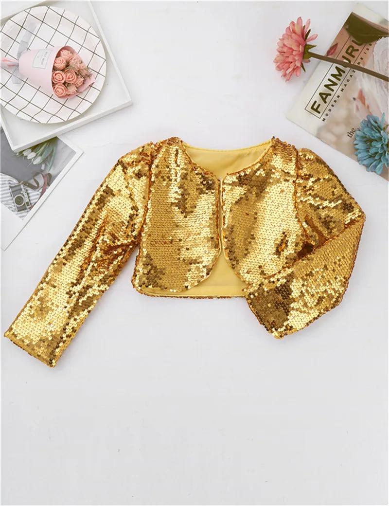 Fashion Kids Girls Shiny Sequins Bolero Shrug Cardigan Top Flower Girls Dress Shrug Wrap Long Sleeve Cropped Coats Short Jacket orange bubble coat