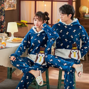 

Warm Men's Pajamas Winter Flannel Couple Pajamas Unisex Adult Anime Cartoon Cute Sleepwear Thicken Hooded Women Men Home Clothes