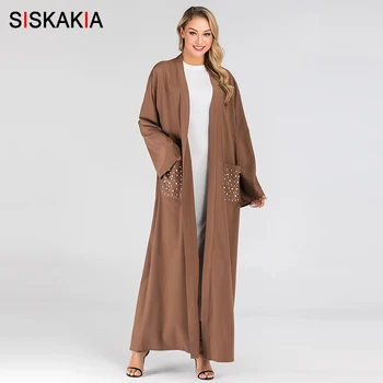 

Siskakia Modern Muslim Open Abaya Pearl Pockets Patch Pure Casual Robes With Sashes Arabic Dubai Turkish Islamic-Clothing Brown