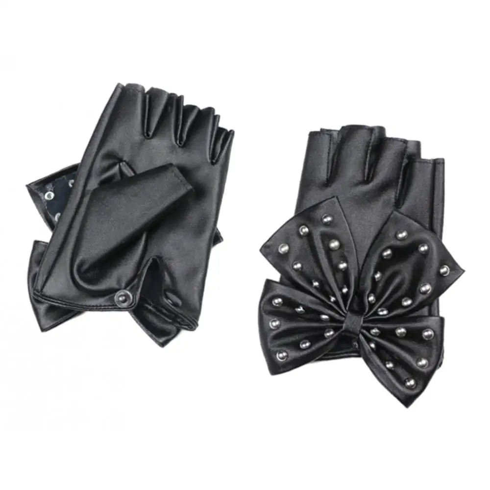 1 Pair Fashion Fingerless Gloves Female PU Leather Rivet Mitten Hip Hop