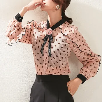 

2020 spring new women's ruffled printed shirt lace contrast round neck long sleeve polka dot shirt women