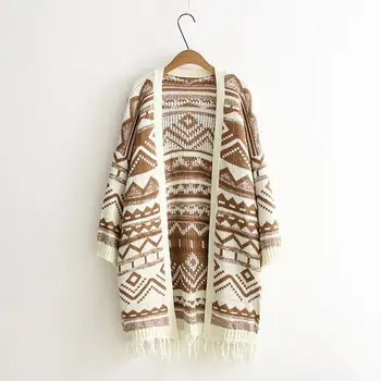 

Women Casual Loose Geometry Long Sweaters Long Sleeve Patchwork Cardigans Geometric Tassel Plus Size Sweaters