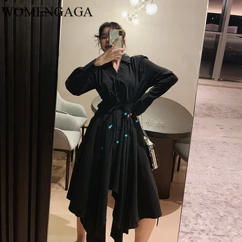

Korea 2020 New Korean Fashion For Women Turn-down Collar Long Sleeve Solid Color Irregular Design Spring The Dress FM222