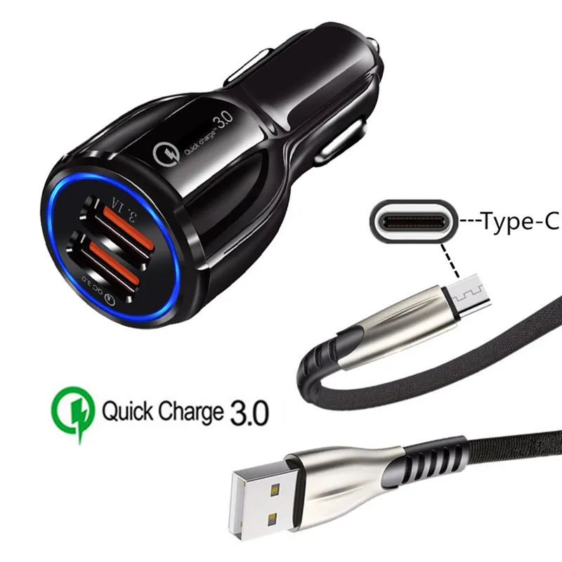 QC 3,0 Автомобильное зарядное устройство type C USB кабель для быстрой зарядки для samsung A20E A40 A50 A5 A7 Google Pixel 3a 3 XL huawei P20 lite - Тип штекера: charger and cable