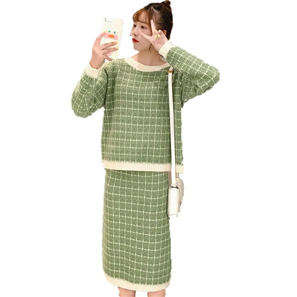 

Elegant Ladies Solid Sweater + Skirt 2 Piece Set Women Fashion O Neck Long Sleeve Knitted Pullovers Skirt Suits Winter Plus Size