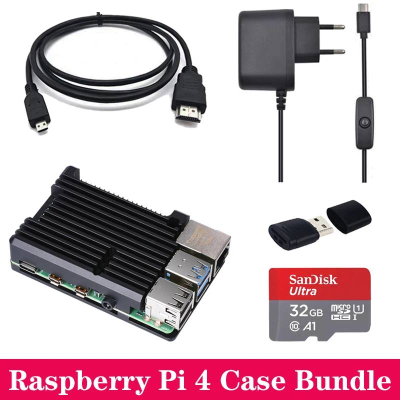 Raspberry Pi 4 Алюминиевый чехол корпус с адаптером питания Mini HDMI к HDMI кабель для Raspberry Pi 4 Модель B 4B