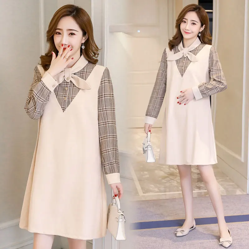 

2019 New Style Pregnancy on Clothes Fashion Large Size Dress Fake Two-Piece Maternity Clothes Spring And Autumn Mid-length