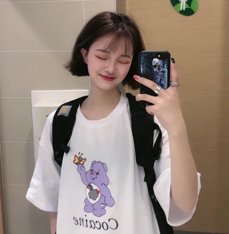 

Japanese-style Sweet Cute GIRL'S Bear Printed Lettered Playful White Short Sleeved Loose-Fit T-shirt Tops Women's