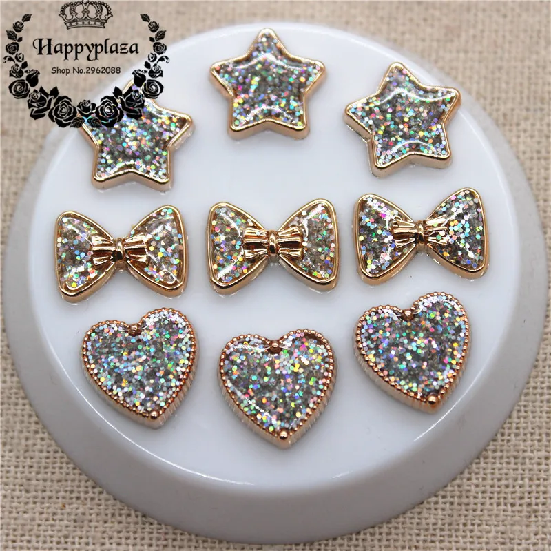 

50PCS Glitter AB Golden Circle Heart/Star/Bow Plastic Flatback Button DIY Decoration Jewelry/Craft Accessories