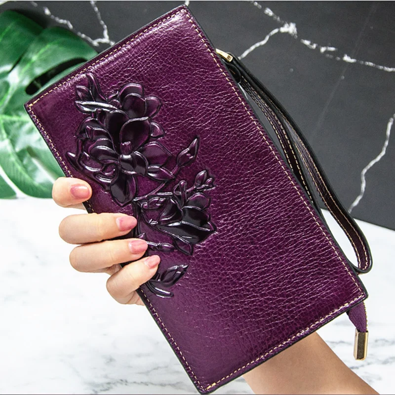 Cartera de marca cuero para mujer, bolso de mano de larga y delgada, para poner teléfono móvil, primera capa de lujo de cuero de vaca en relieve, tarjetero|Carteras| - AliExpress