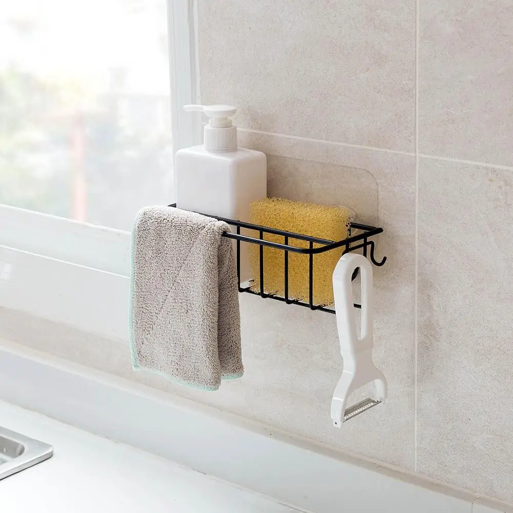 Kitchen Sink Organizer Iron Storage Rack Shelf With Hook Sponge