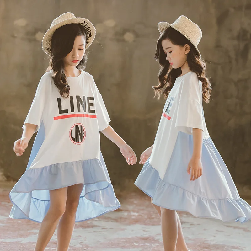 

2019 Summer Teen Girls Children Dress Patchwork Asymmetrical Letter Kids Dresses for Girls Clothes Kids Costume 12Year