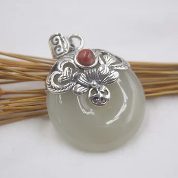 

Sterling S925 Silver & Natural Nephrite Hetian Jade Pendant Women Luck Flower Circle Pendant 32mmL