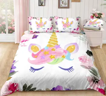 

KTLRR Unicorn Duvet Cover Sets,Gold Sequins Unicorn Face Watercolor Flowers Duvet Cover,Kids Home Bedding Sets,100% Microfiber