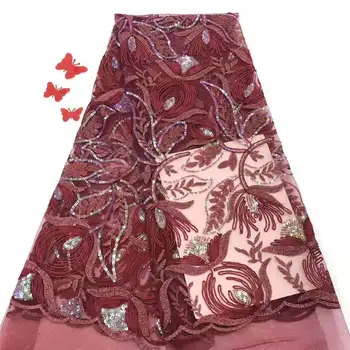 

Hot Sequins Red Line French net lace,high quality Nigerian African tulle mesh lace fabric for party dress 5yards/lot gold