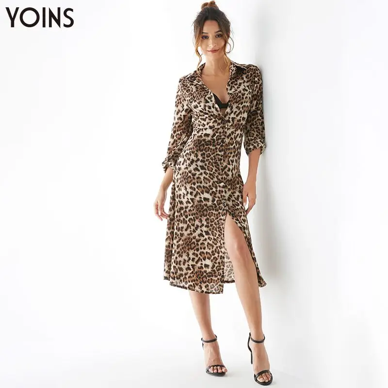 

YONIS 2019 Women Autumn Winter Bodycon Maxi Dress Leopard Classical Collar Slit Hem Front Button Long Sleeve Shirt Dress Vintage
