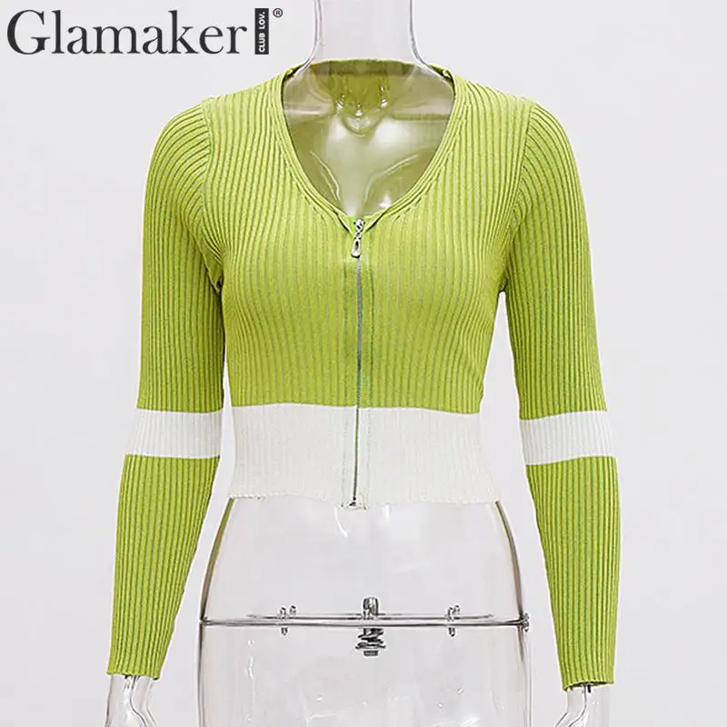 Glamaker, трикотажная, цветная, блокирующая, короткая блузка, женская, с круглым вырезом, Базовая рубашка, на молнии, Элегантная блузка, женская, осень, зима, Сексуальная Блузка - Цвет: Зеленый