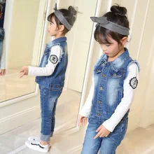 Весенняя детская одежда; джинсовый жилет; детское джинсовое пальто; детский жилет с манжетами для девочек