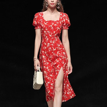 

Seifrmann Women Fashion Runway Designer Midi Dress Lantern Sleeve Elegant Slim Floral Print Ladies Party Split Pencil Dresses