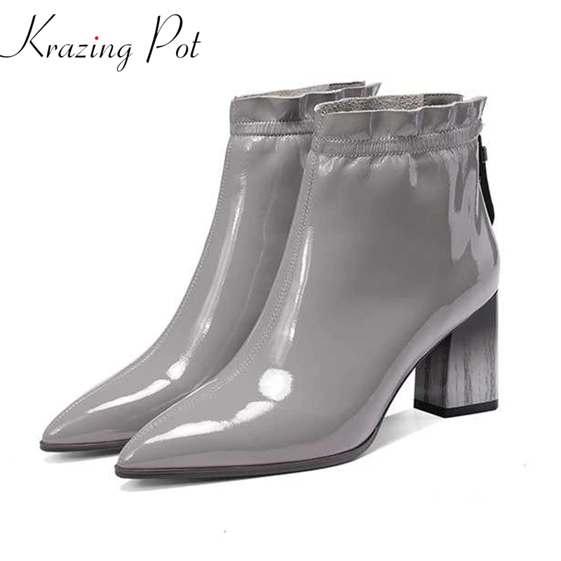 

krazing pot pleated patent cow leather ruffles zipper Chelsea boots pointed toe top quality high heels winter ankle boots l71