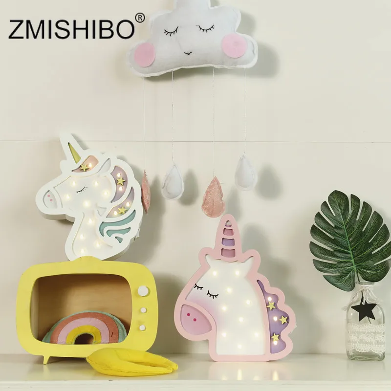 

ZMISHIBO Unicorn Wooden Night Lights Animal Cat Elephant LED Lamp Wall Hanging Lights Desk Bedroom Home Decoration Lighting