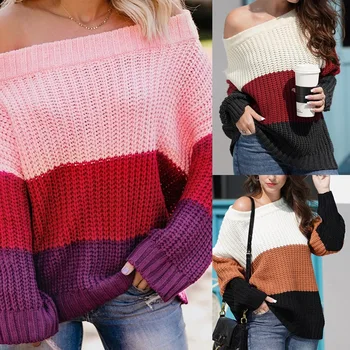 

Sexy Off Shoulder Striped Sweaters Winter Loose Patchwork Jumpers Long Sleeve Knitted Pullover Sweater