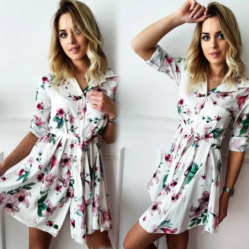 Women Boho Floral Printed Bandage Summer Button Mini Dress Shirt Dress Ladies Wrap Sundress Holiday