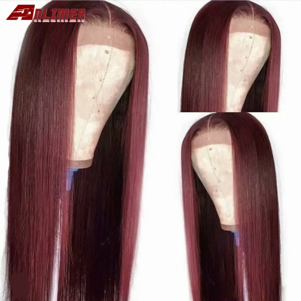 Бордовый 99J длинные прямые волосы 13x6 Синтетические волосы на кружеве парики из натуральных волос для Для женщин 130%-180% предварительно с детскими волосами перуанские Волосы remy парик